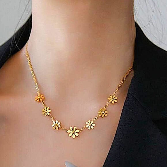 Gold Plated Daisy Necklace, Stainless Steel, Flower, Dainty - Picture 4 of 9